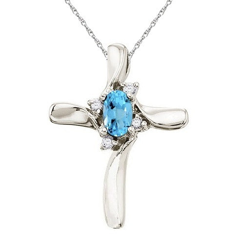 Blue Topaz & Diamond Cross Necklace Pendant 14k White Gold (0.50ct)