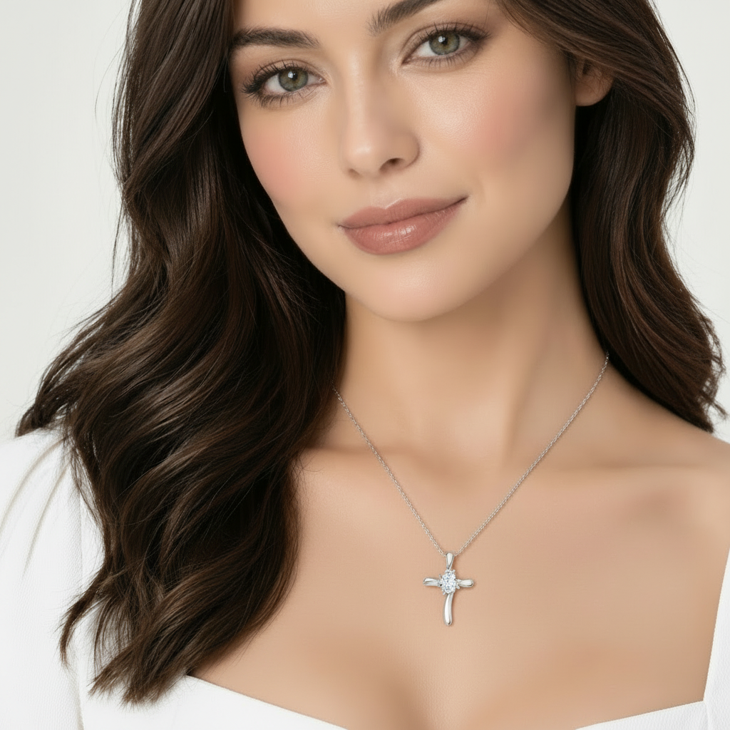 Lab Diamond Cross Necklace Pendant 14k White Gold (0.75ct)