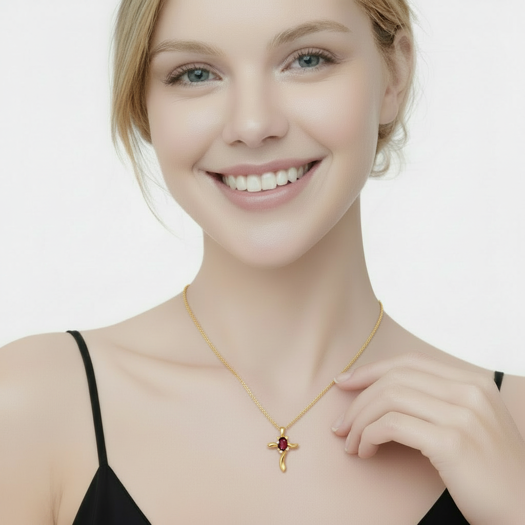 Garnet & Diamond Cross Pendant Necklace 14k Yellow Gold (0.50ct)