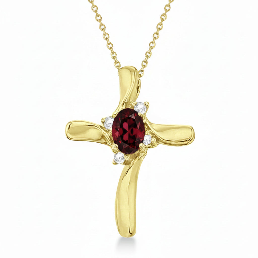 Garnet & Diamond Cross Pendant Necklace 14k Yellow Gold (0.50ct)