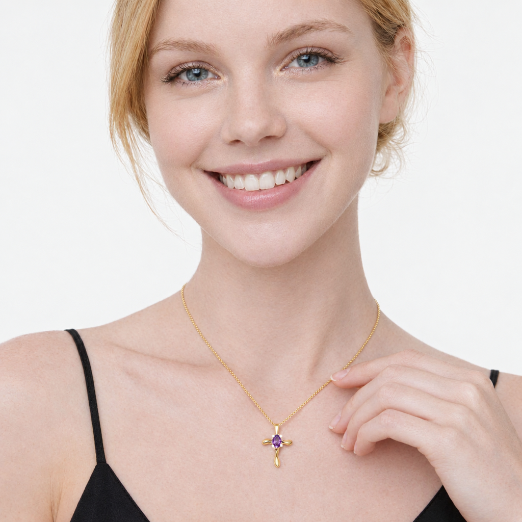 Amethyst & Diamond Cross Necklace Pendant 14k Yellow Gold (0.50ct)