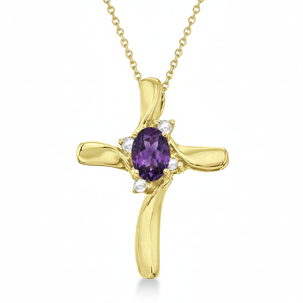 Amethyst & Diamond Cross Necklace Pendant 14k Yellow Gold (0.50ct)