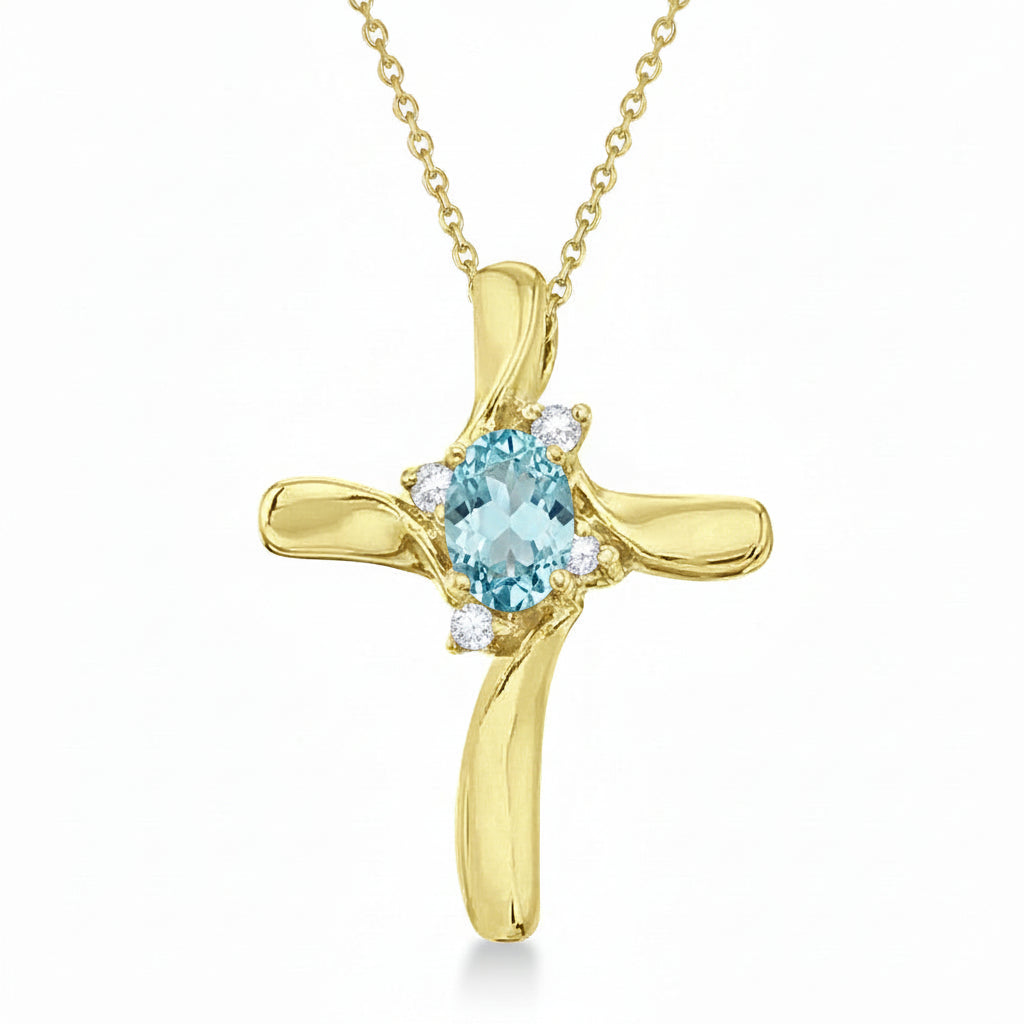 Aquamarine & Diamond Cross Necklace Pendant 14k Yellow Gold (0.50ct)