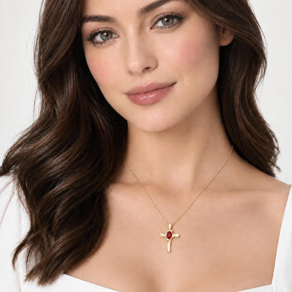 Lab Ruby & Lab Diamond Cross Pendant Necklace 14k Yellow Gold (0.75ct)