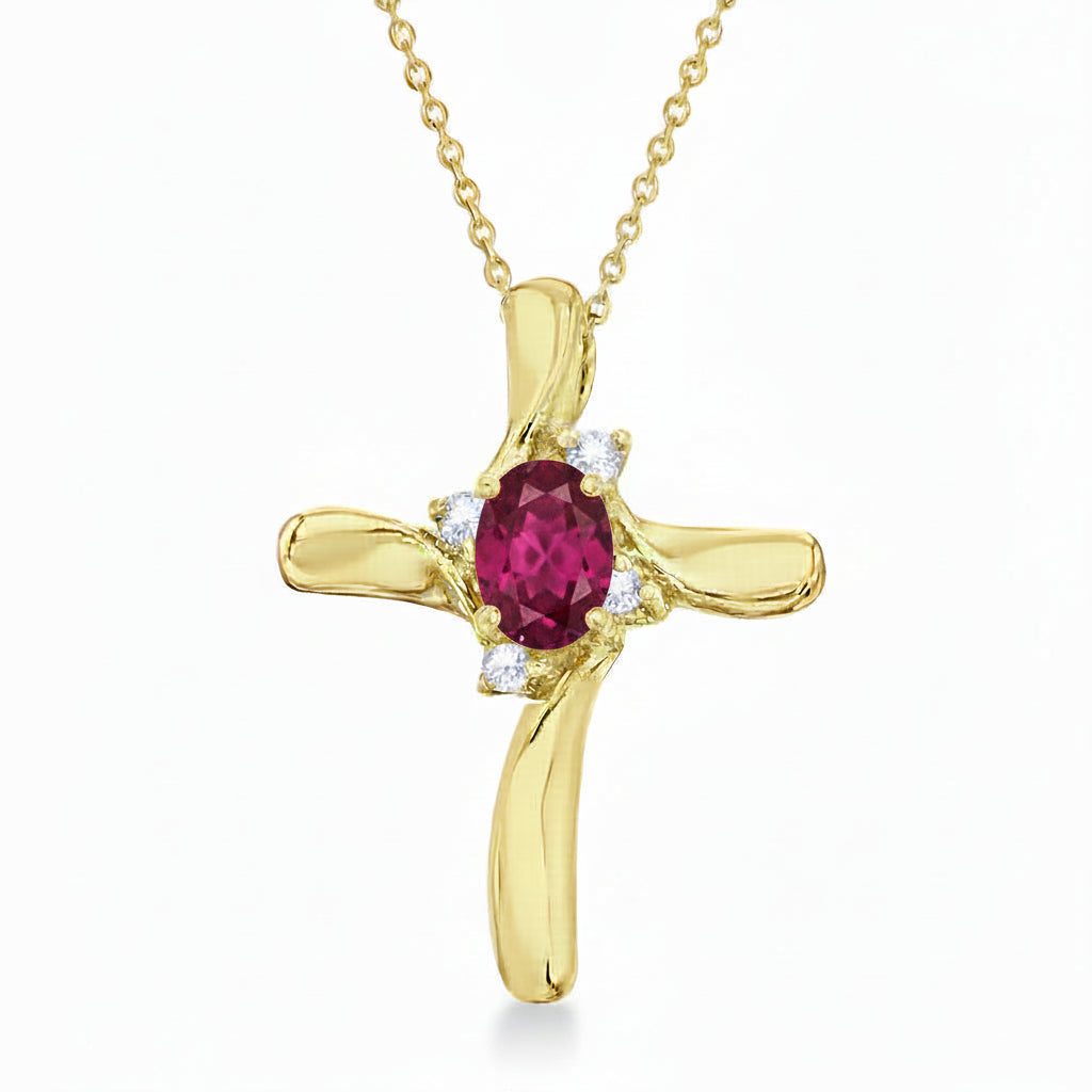 Ruby & Diamond Cross Pendant Necklace 14k Yellow Gold (0.50ct)