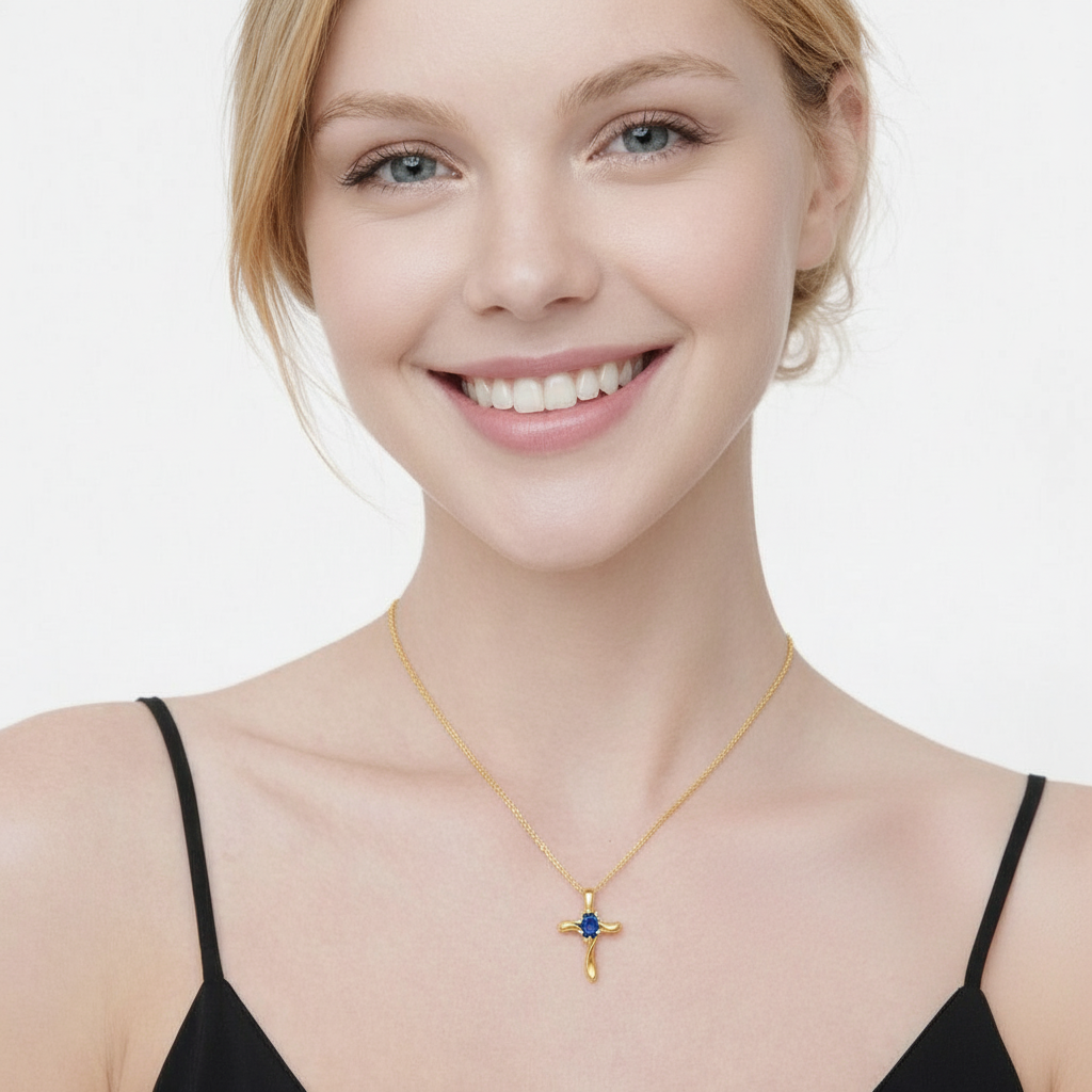 Lab Blue Sapphire & Lab Diamond Cross Necklace Pendant 14k Yellow Gold (0.50ct)