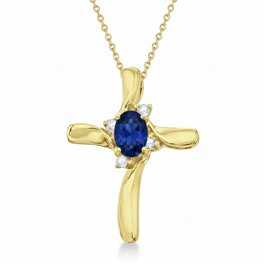 Lab Blue Sapphire & Lab Diamond Cross Necklace Pendant 14k Yellow Gold (0.50ct)
