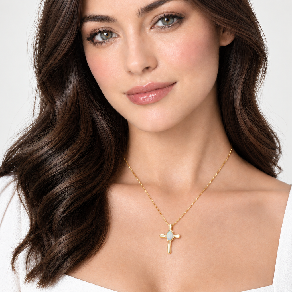 Opal & Diamond Cross Necklace Pendant 14k Yellow Gold (0.75ct)