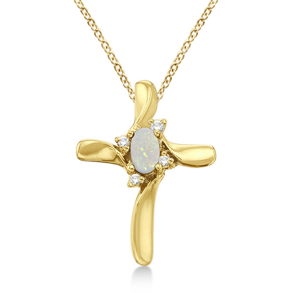 Opal & Diamond Cross Necklace Pendant 14k Yellow Gold (0.50ct)