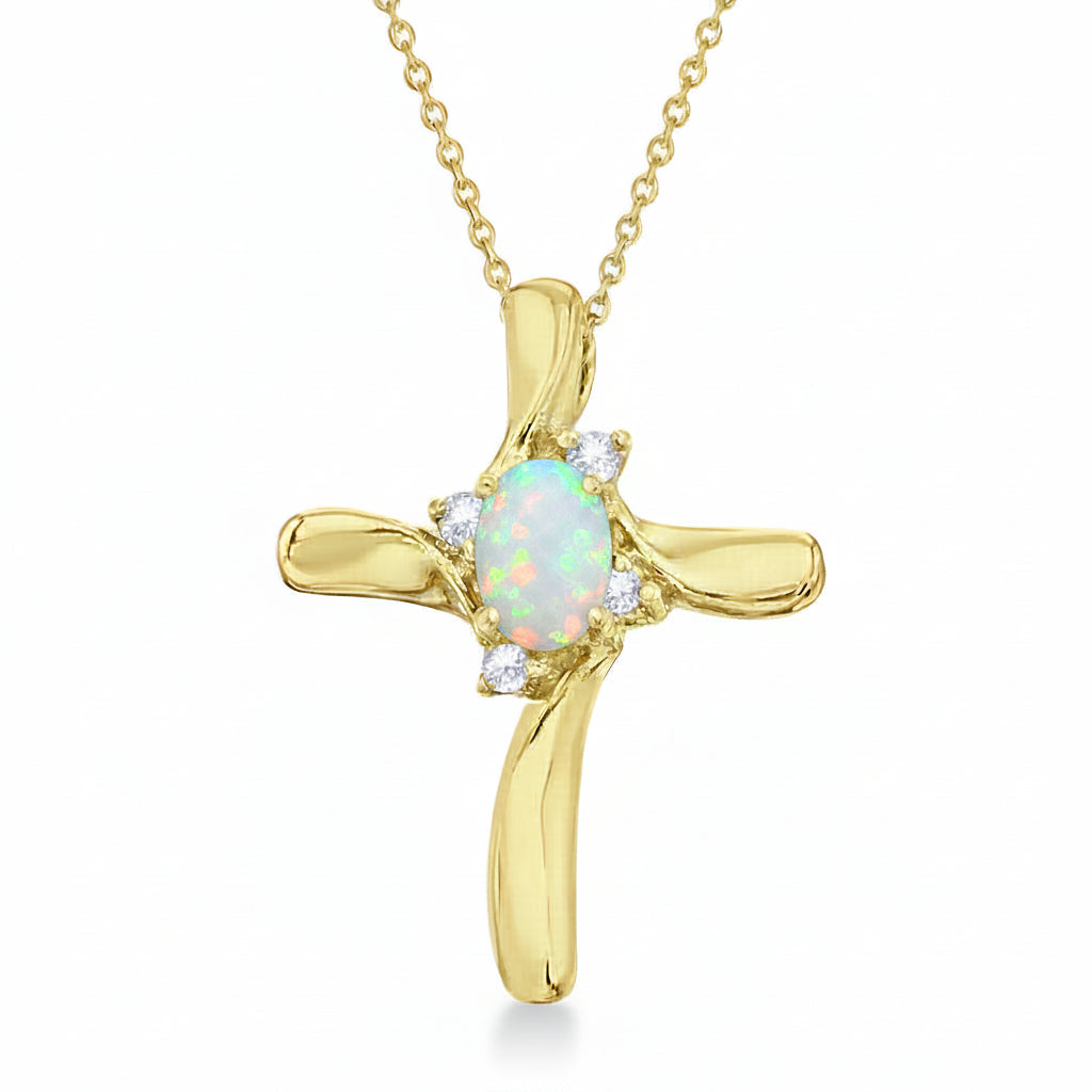 Opal & Diamond Cross Necklace Pendant 14k Yellow Gold (0.50ct)