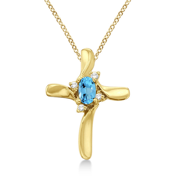 Blue Topaz & Diamond Cross Necklace Pendant 14k Yellow Gold (0.50ct)