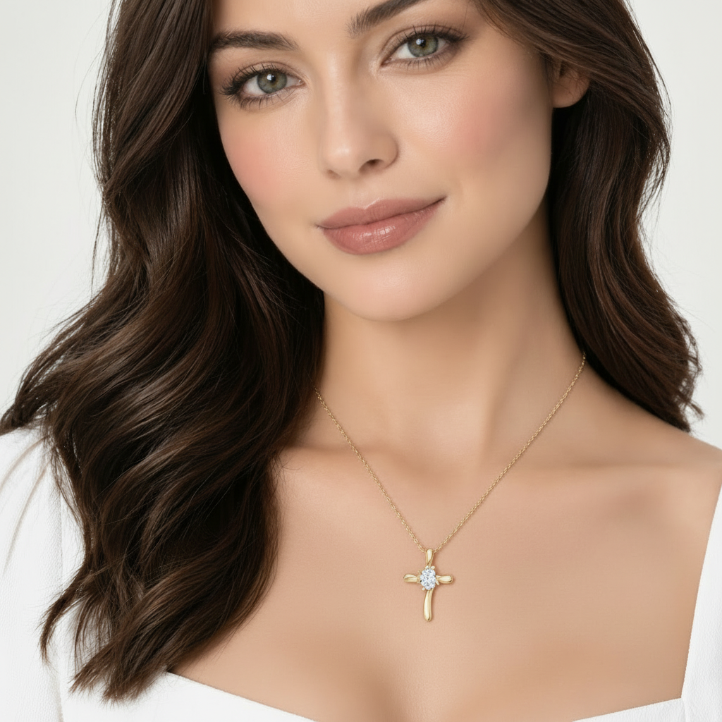 Lab Diamond Cross Necklace Pendant 14k Yellow Gold (0.75ct)