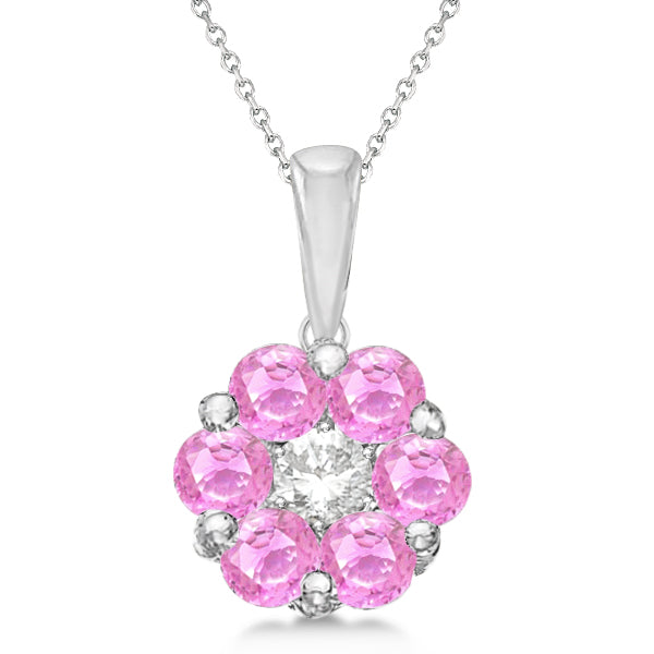 Flower Diamond & Pink Sapphire Pendant Necklace 14k White Gold (1.40ct)