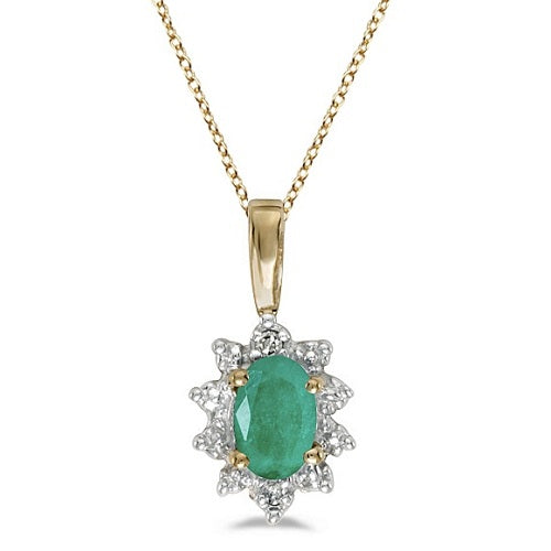 Oval Emerald & Diamond Flower Shaped Pendant Necklace 14k Yellow Gold
