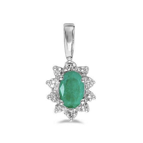 Oval Emerald & Diamond Flower Shaped Pendant Necklace 14k White Gold