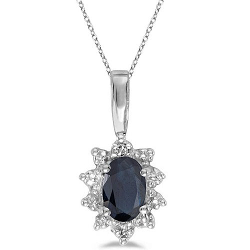 Blue Sapphire & Diamond Flower Shaped Pendant Necklace 14k White Gold