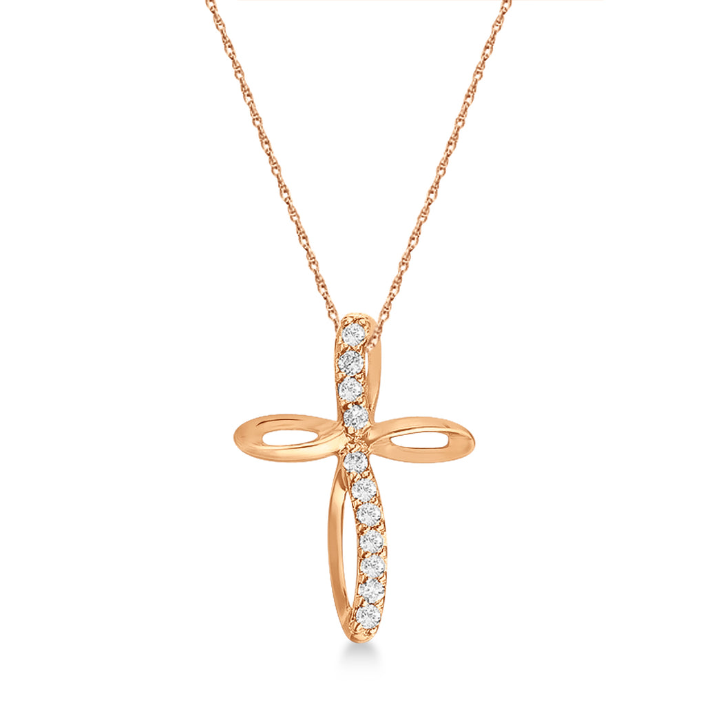 Swirl Diamond Cross Pendant Necklace in 14k Rose Gold (0.10ct)