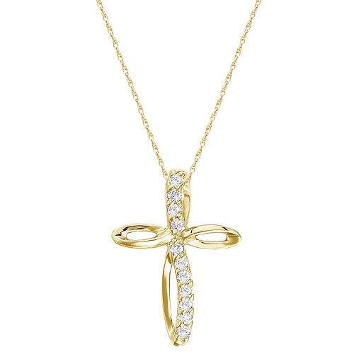Swirl Diamond Cross Pendant Necklace in 14k Yellow Gold (0.10ct)