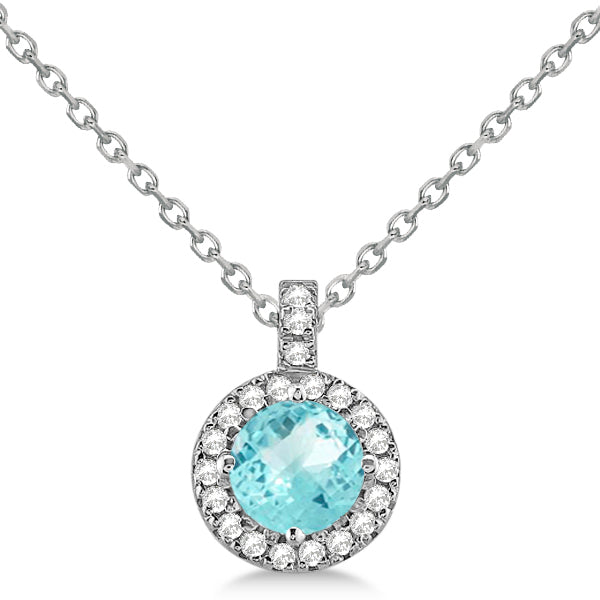 Aquamarine & Diamond Halo Pendant Necklace 14k White Gold (0.82ct)