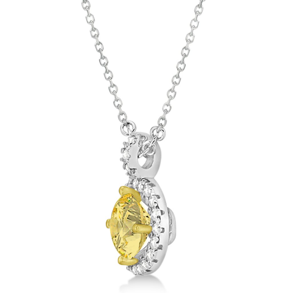 Yellow Diamond & Diamond Halo Pendant Necklace Round  14k White Gold (1.00ct)