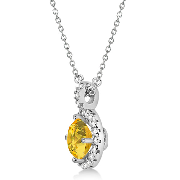 Yellow Sapphire & Diamond Halo Pendant Necklace 14k White Gold (1.07ct)