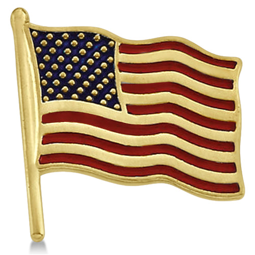 USA American Flag Lapel Pin with Red & Blue Enamel 14K Yellow Gold