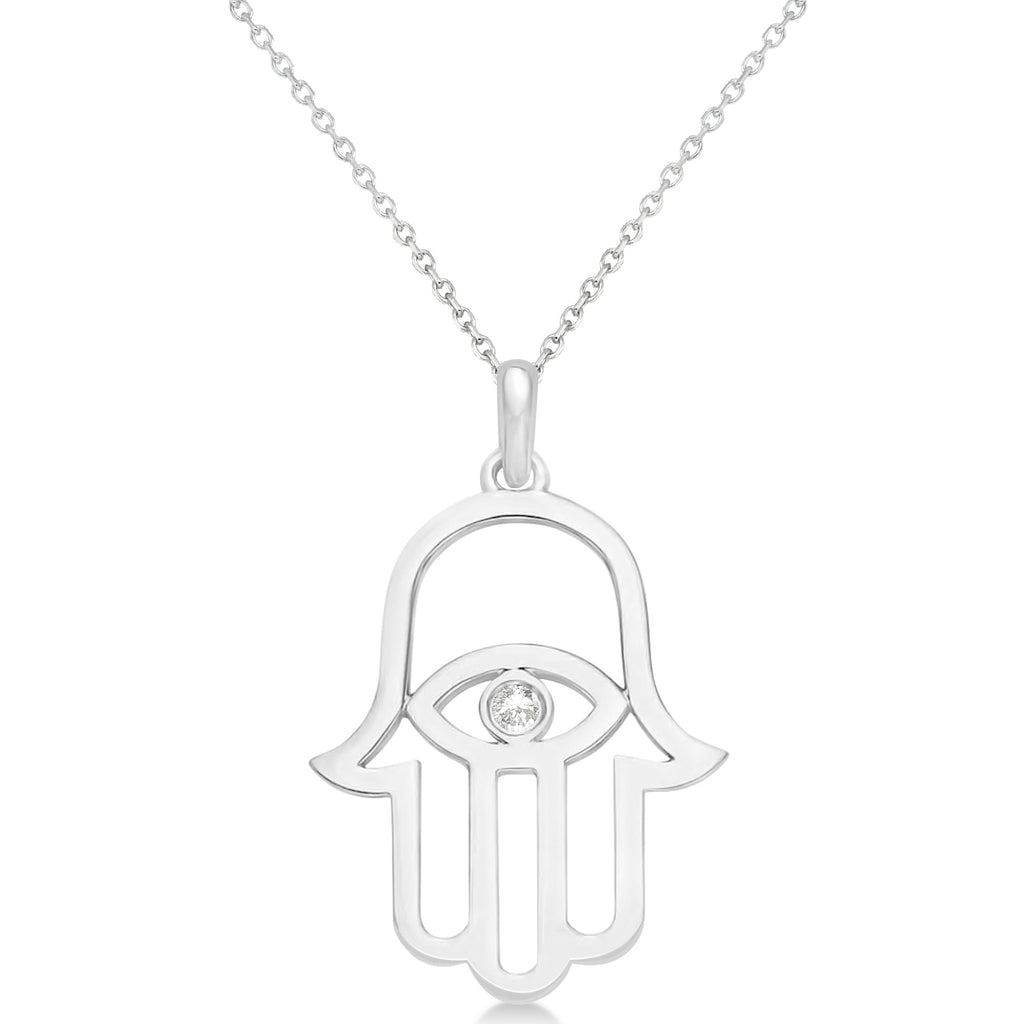 Hamsa Evil Eye Diamond Pendant Necklace 14k White Gold (0.02ct)