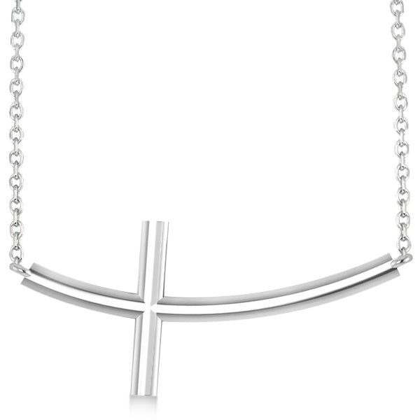 Curved Sideways Cross Necklace Religious Pendant 14k White Gold