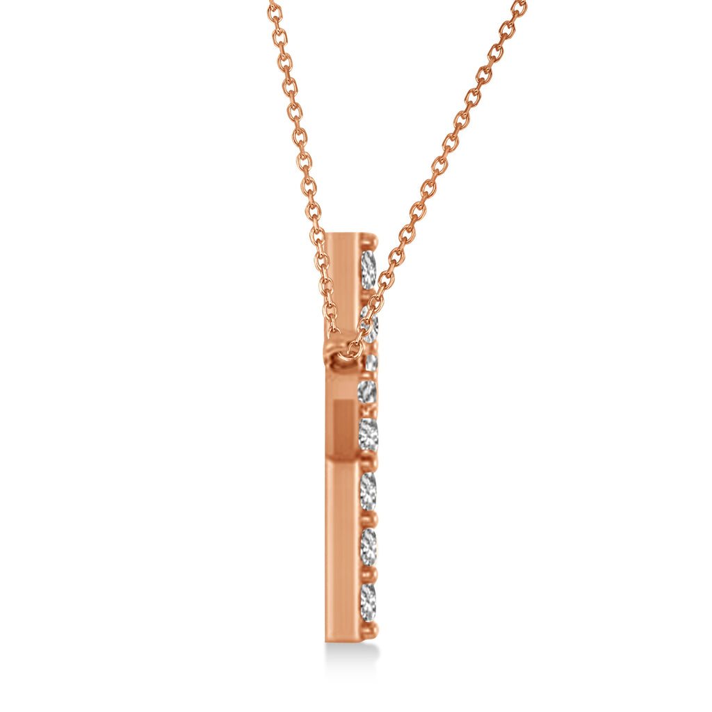 Diamond Sideways Curved Cross Pendant Necklace 14k Rose Gold 1.10ct