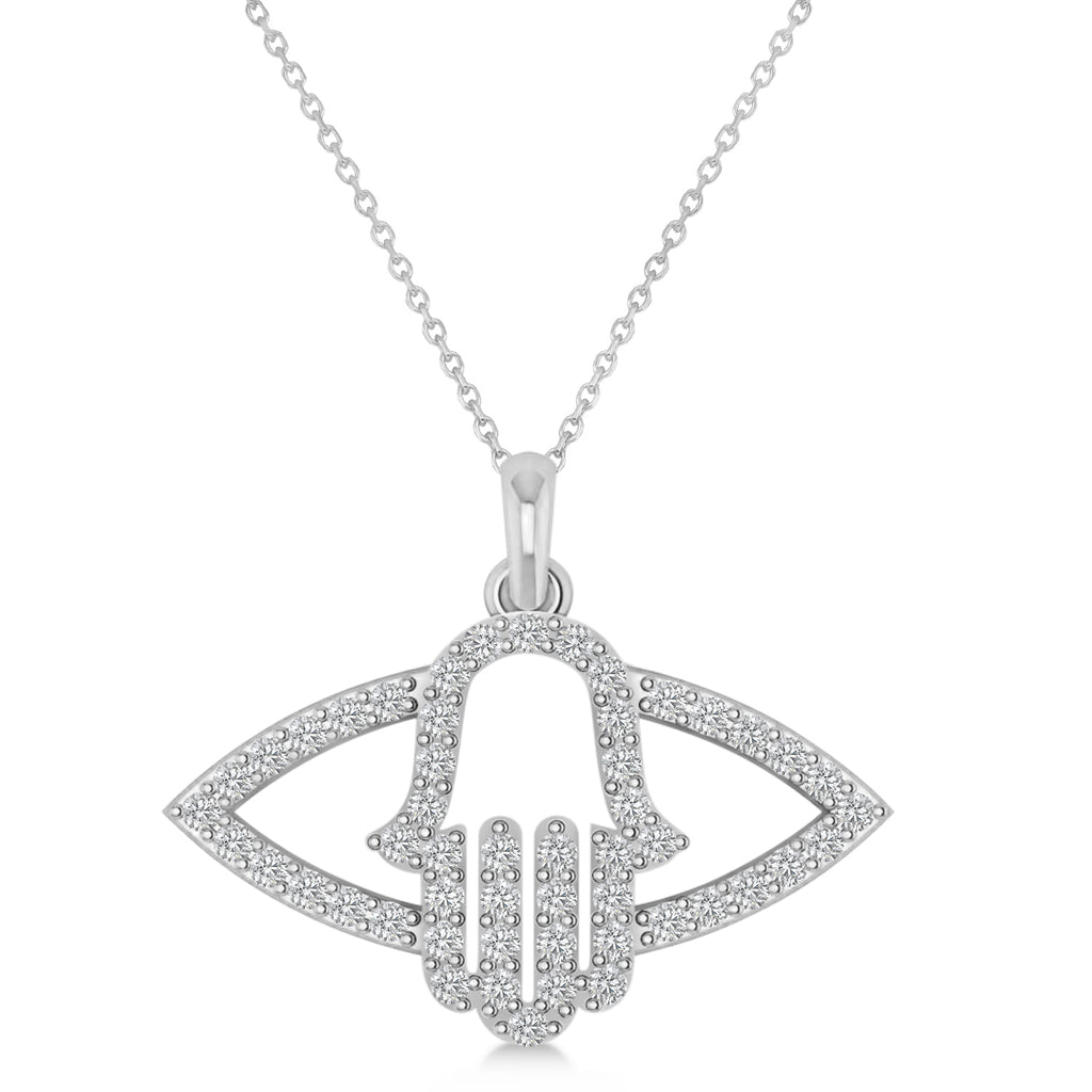 Evil Eye Hamsa Diamond Pendant Necklace 14k White Gold (0.52ct)