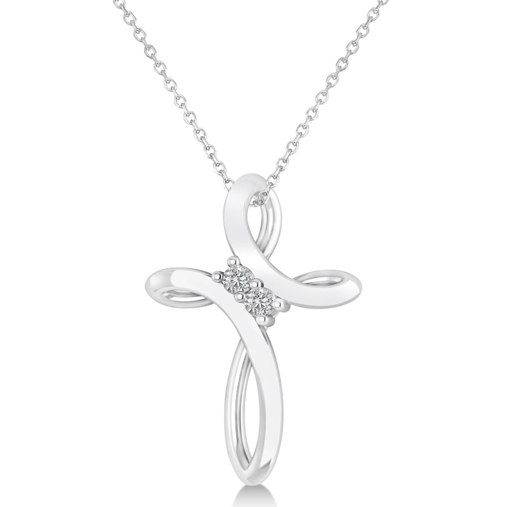 Diamond Two Stone Swirl Cross Pendant Necklace 14k White Gold (0.10ct)