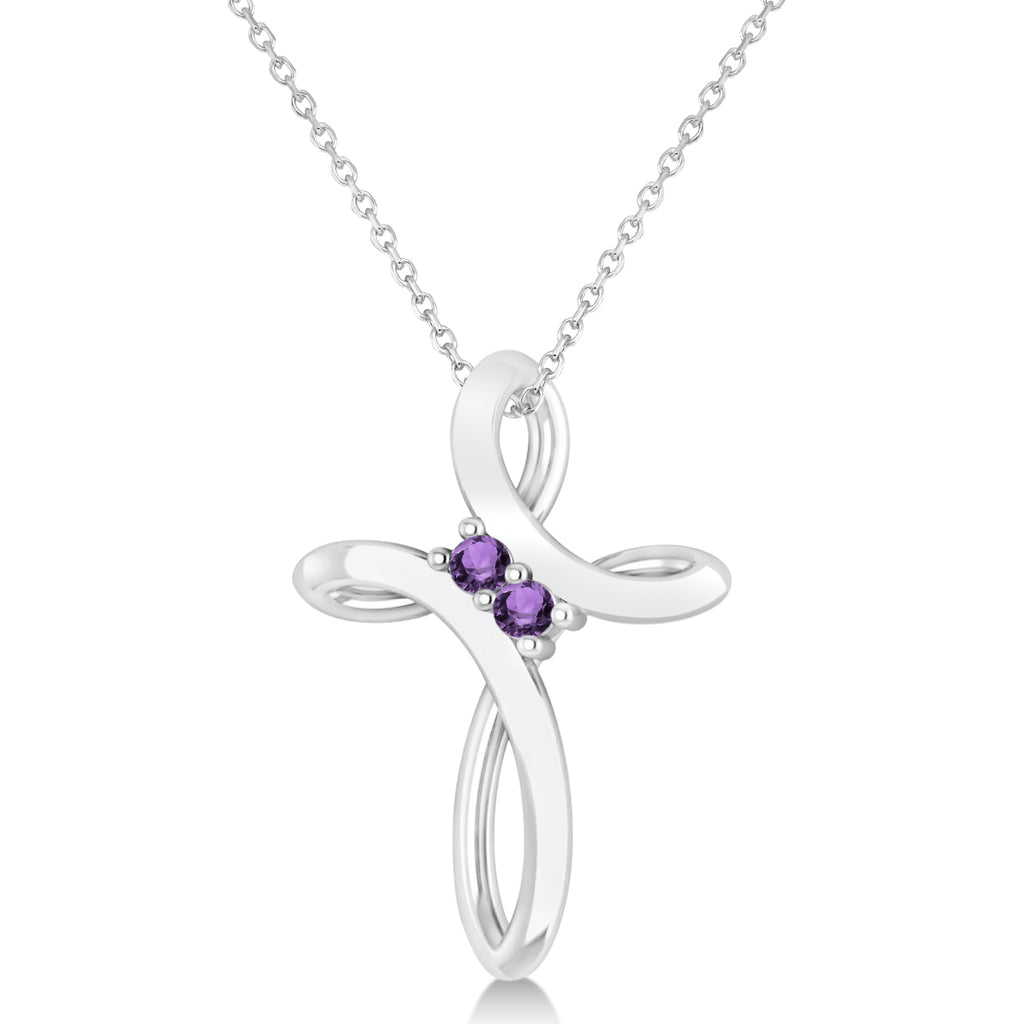 Amethyst Two Stone Swirl Cross Pendant Necklace 14k White Gold (0.10ct)