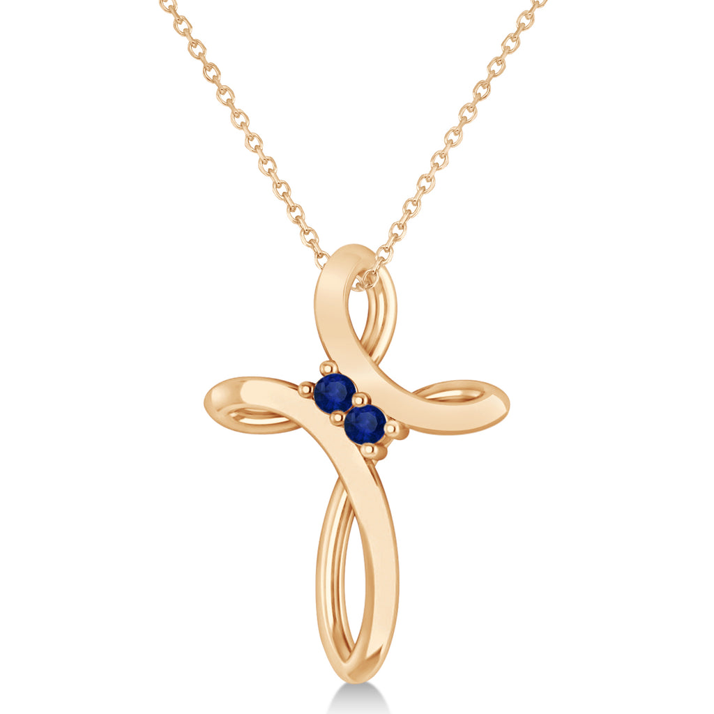 Blue Sapphire Two Stone Swirl Cross Pendant Necklace 14k Rose Gold (0.10ct)