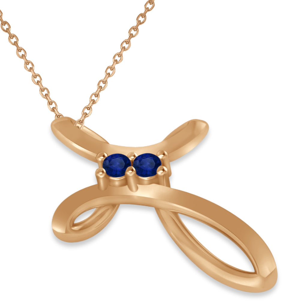 Blue Sapphire Two Stone Swirl Cross Pendant Necklace 14k Rose Gold (0.10ct)