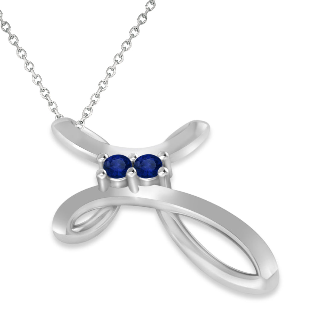Blue Sapphire Two Stone Swirl Cross Pendant Necklace 14k White Gold (0.10ct)