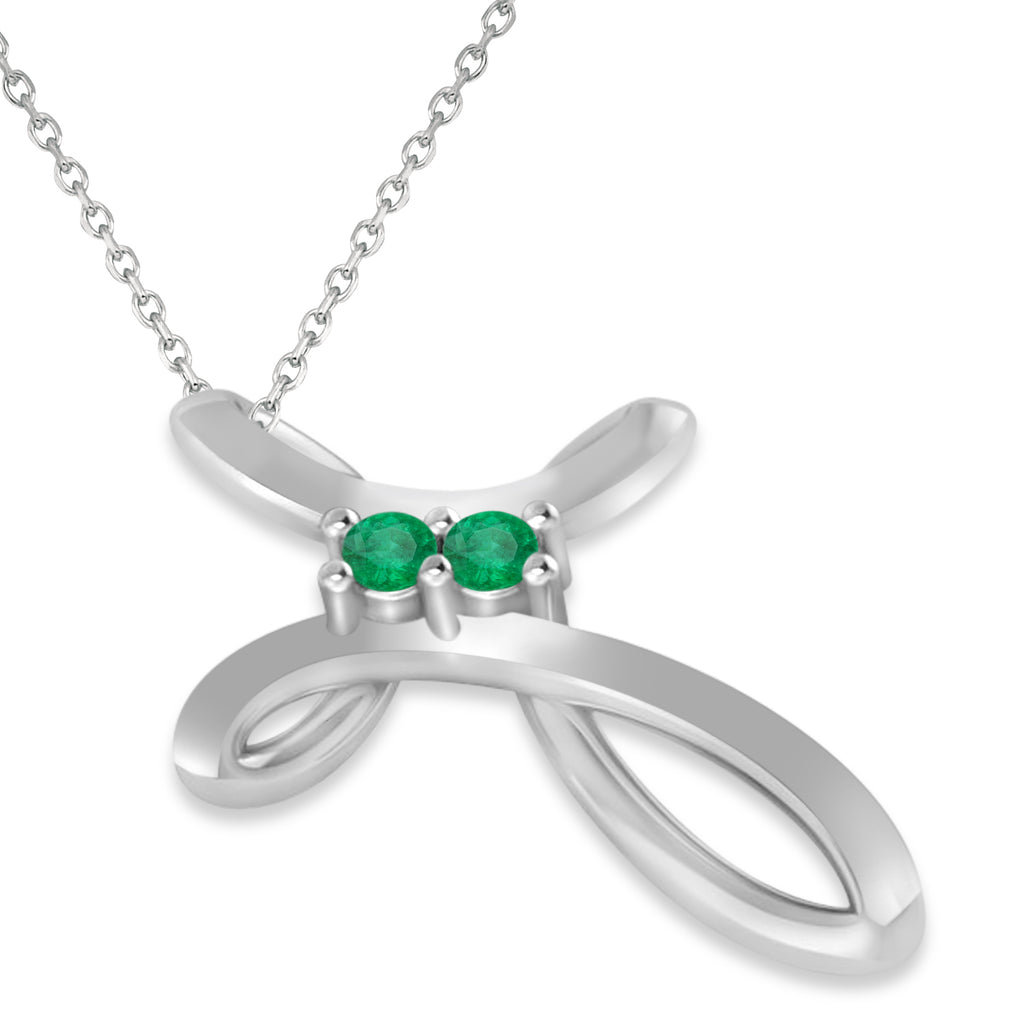 Emerald Two Stone Swirl Cross Pendant Necklace 14k White Gold (0.10ct)