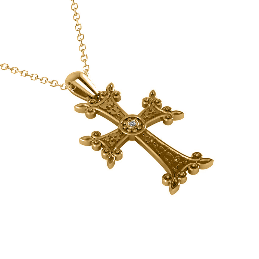 Diamond Accented Armenian Cross Pendant Necklace 14k Yellow Gold (0.01ctw)