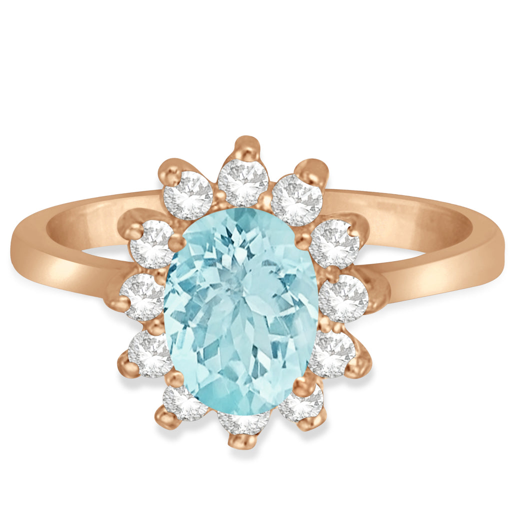 Lady Diana Oval Lab Aquamarine & Lab Diamond Ring 14k Rose Gold (1.50 ctw)