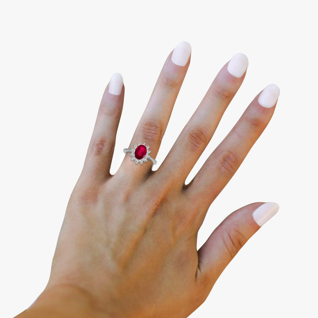Lady Diana Oval Lab Ruby & Lab Diamond Ring 14k White Gold (1.50 ctw)