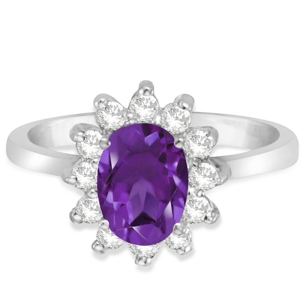 Lady Diana Oval Lab Amethyst & Lab Diamond Ring 14k White Gold (1.50 ctw)