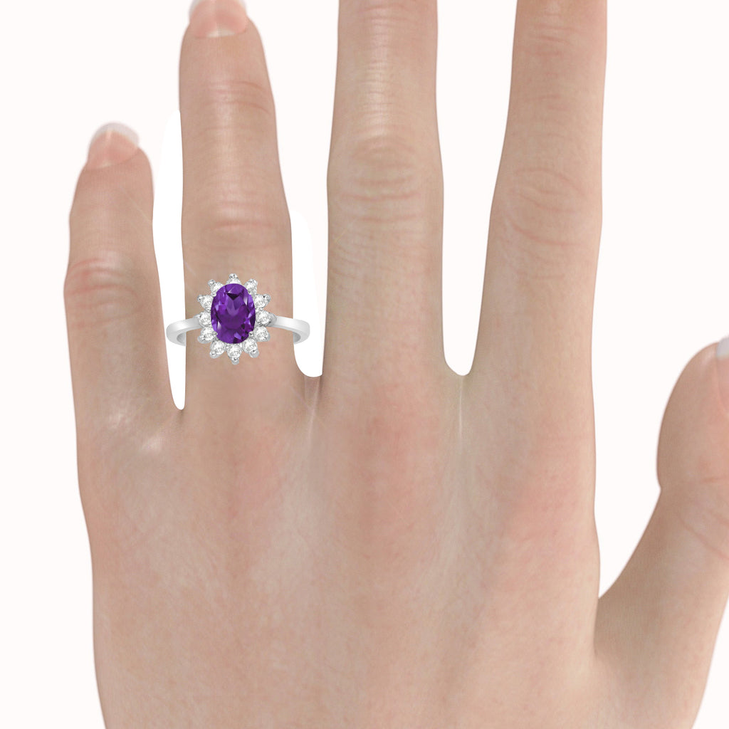 Lady Diana Oval Lab Amethyst & Lab Diamond Ring 14k White Gold (1.50 ctw)