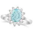 Lady Diana Oval Lab Aquamarine & Lab Diamond Ring 14k White Gold (1.50 ctw)
