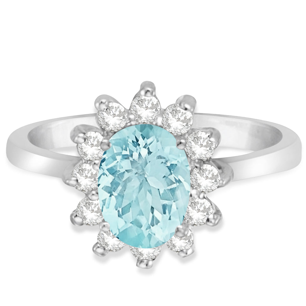 Lady Diana Oval Lab Aquamarine & Lab Diamond Ring 14k White Gold (1.50 ctw)
