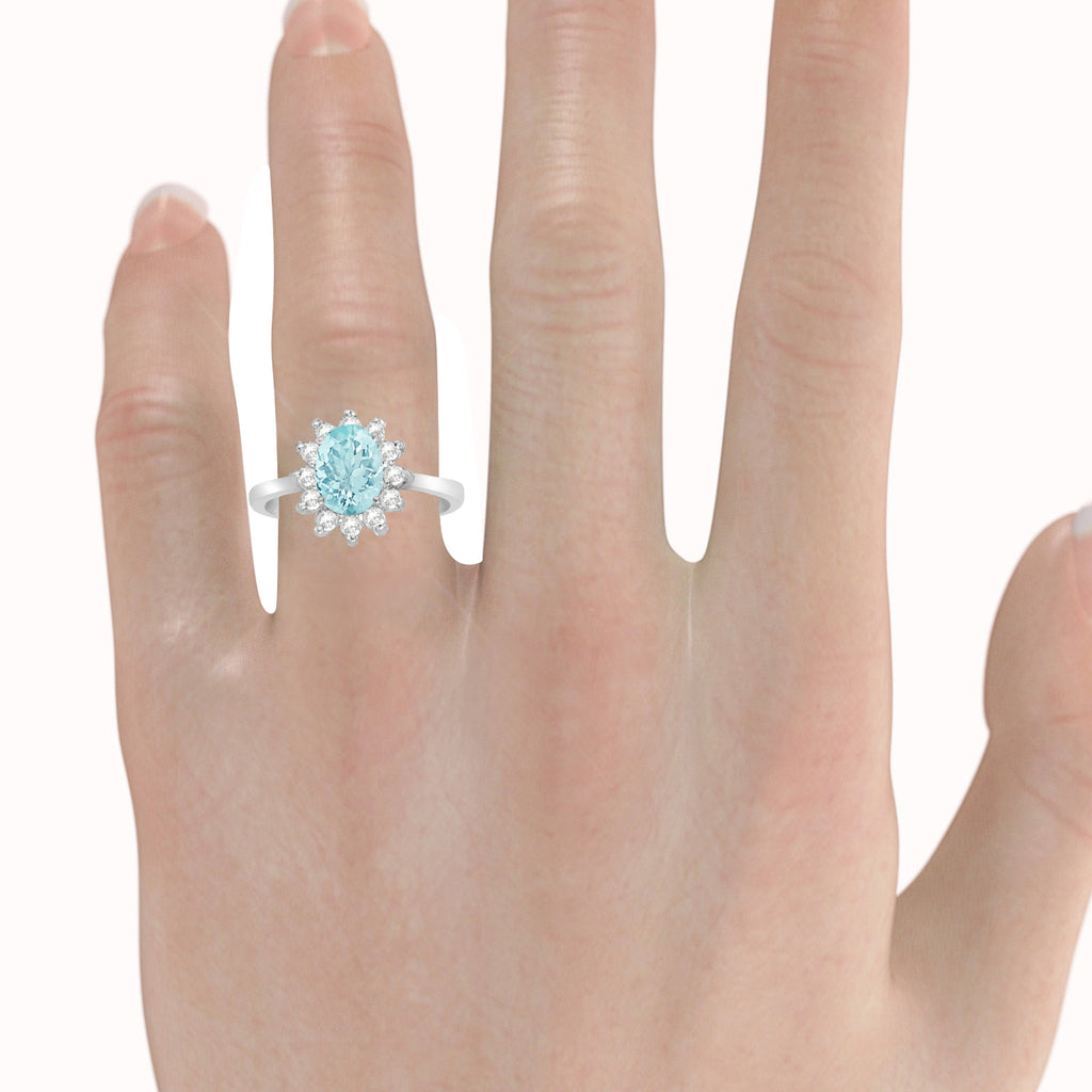 Lady Diana Oval Lab Aquamarine & Lab Diamond Ring 14k White Gold (1.50 ctw)