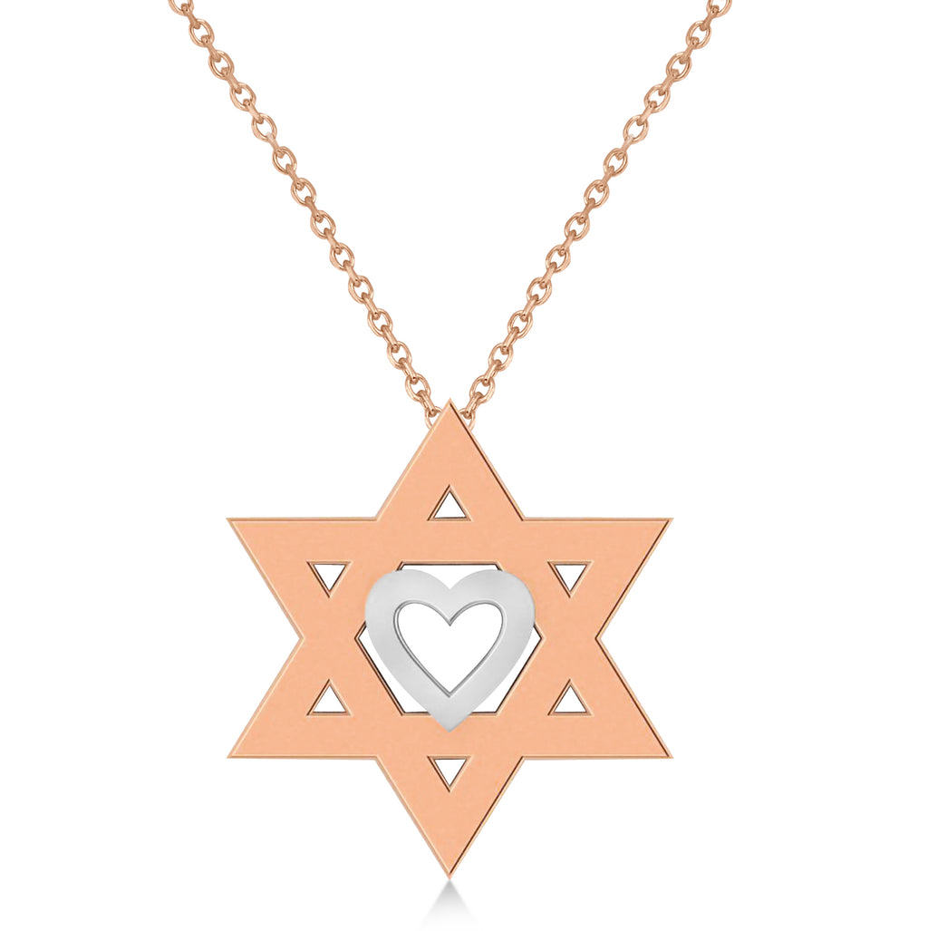 Jewish Star of David & Heart Pendant Necklace 14K Two-Tone Rose Gold
