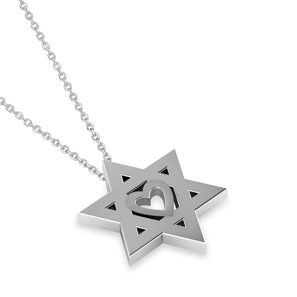 Jewish Star of David & Heart Pendant Necklace 14K White Gold