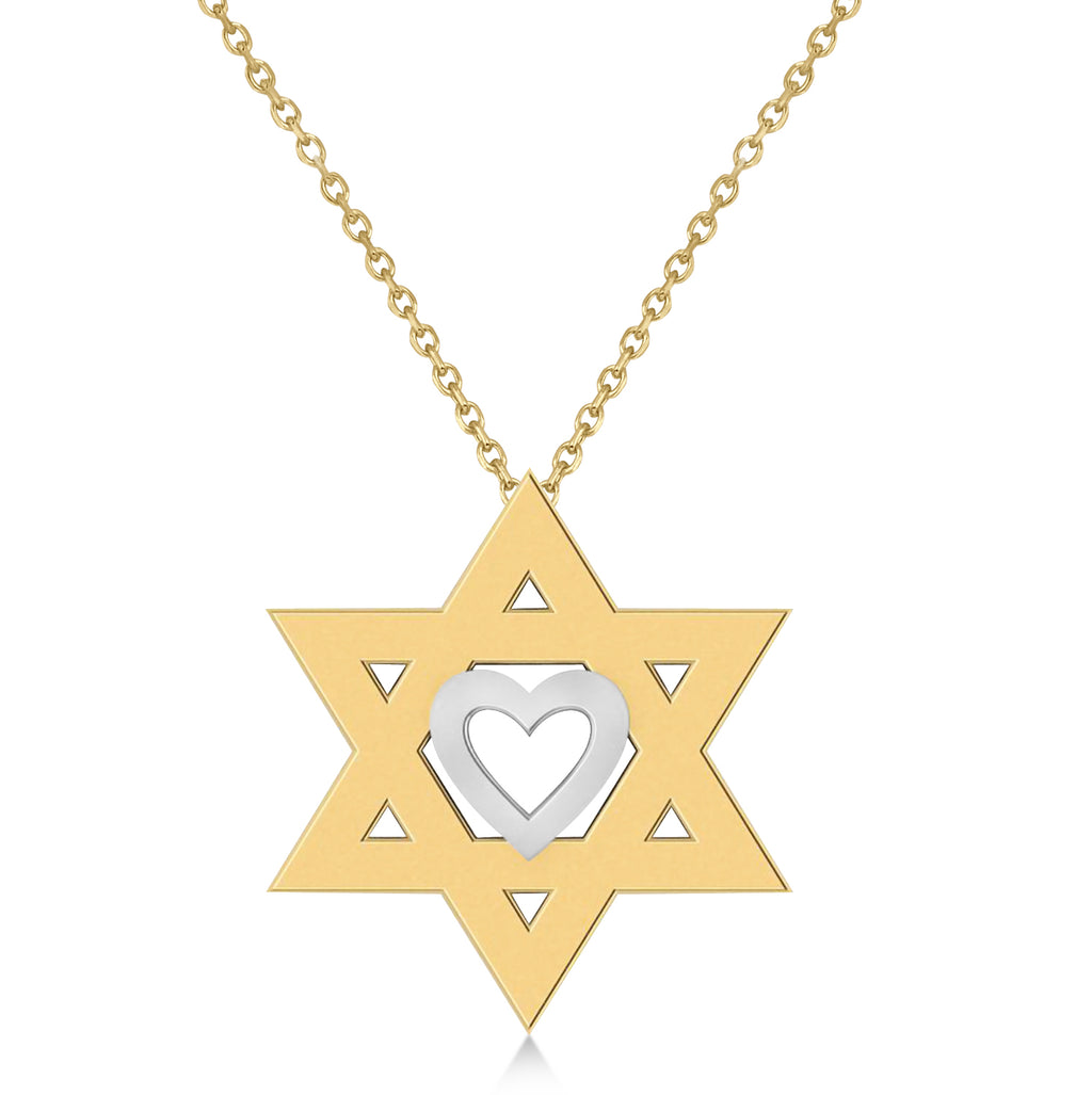 Jewish Star of David & Heart Pendant Necklace 14K Two-Tone Yellow Gold