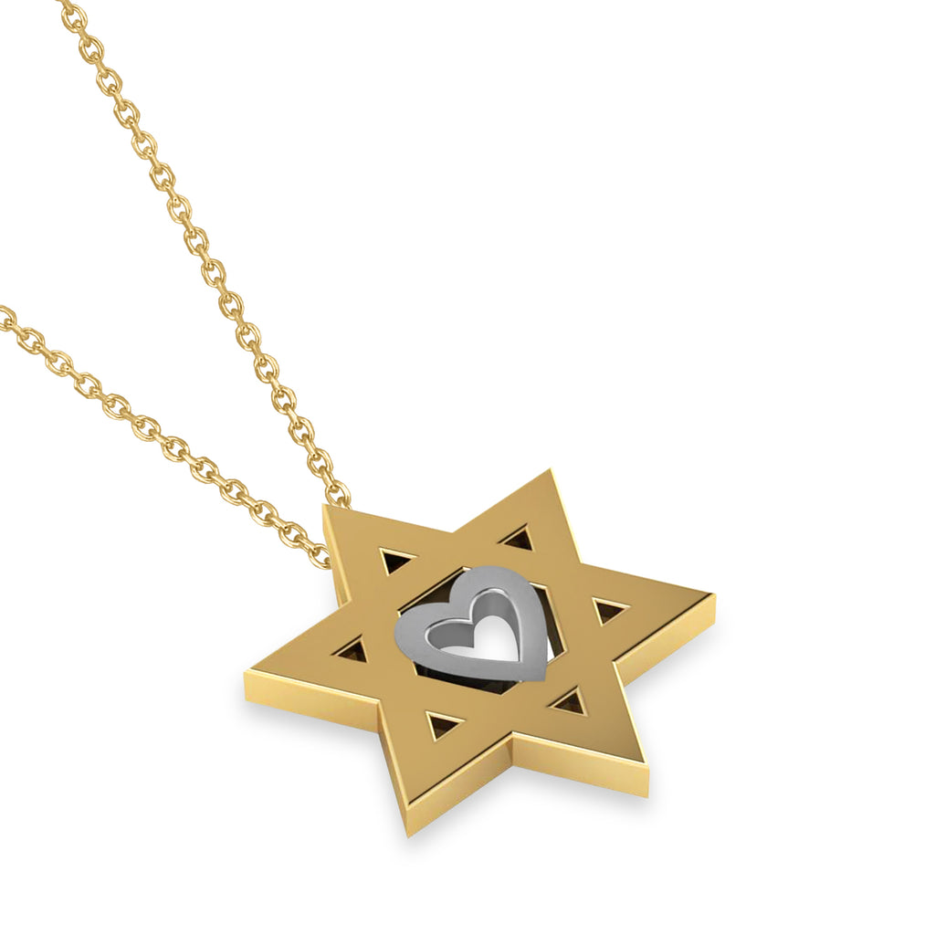 Jewish Star of David & Heart Pendant Necklace 14K Two-Tone Yellow Gold