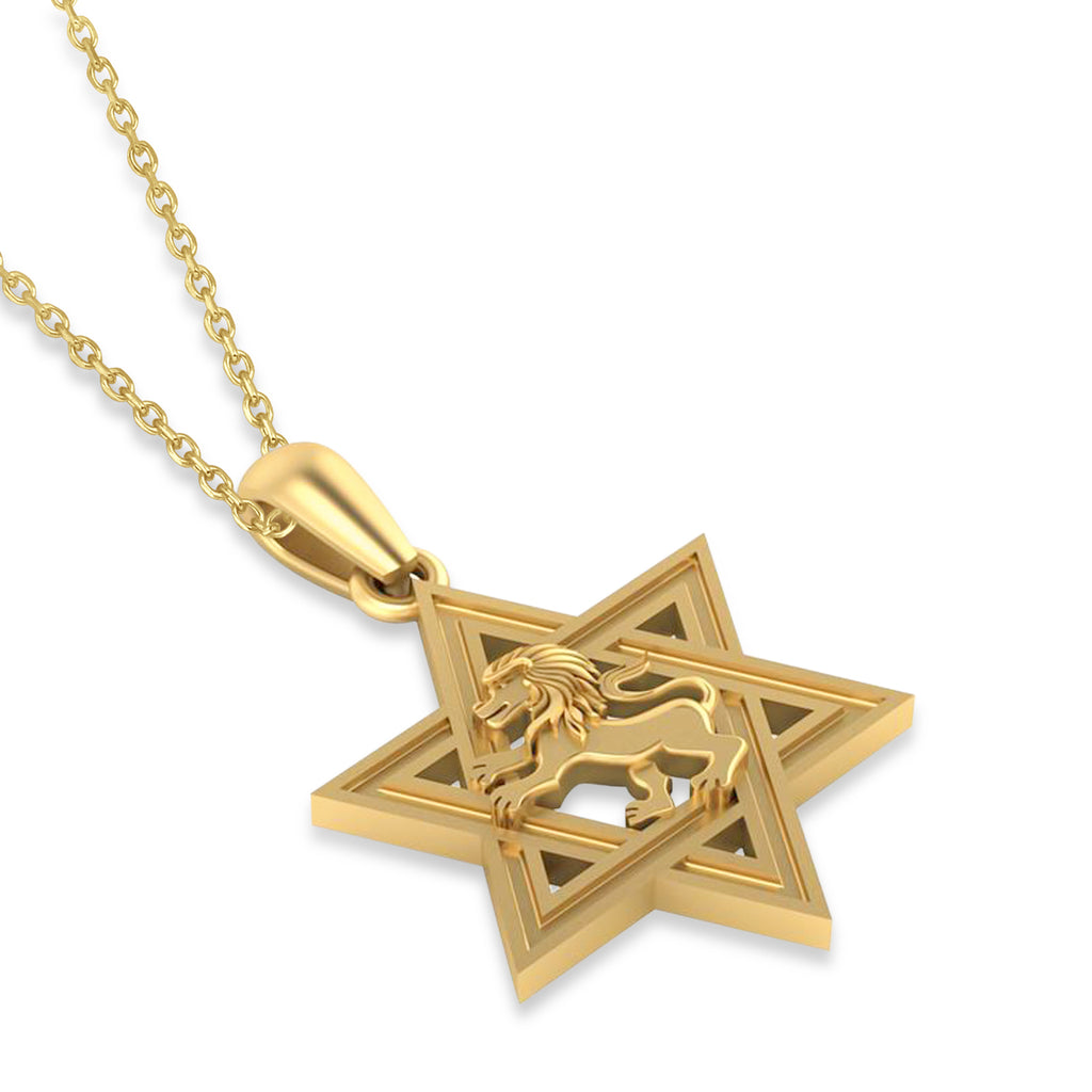 Star of David with Lion Pendant Necklace 14k Yellow Gold