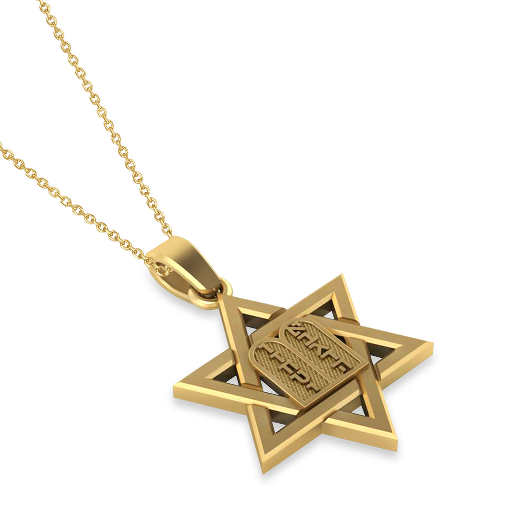 Jewish Star of David with Torah Pendant Necklace 14K Yellow Gold